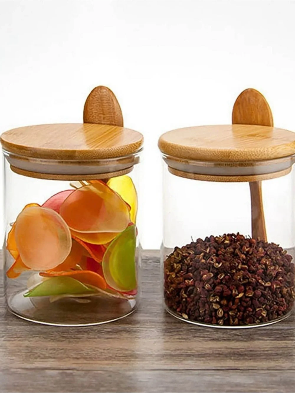 Clear Glass Storage Jars with Bamboo Lids and Spoons - Natural Set of 4